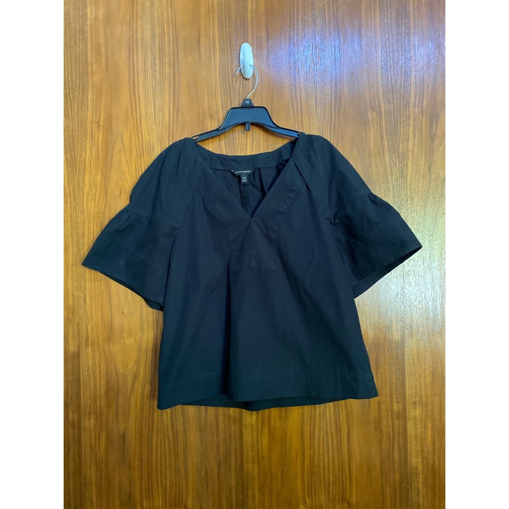 Banana Republic Black V-Neck Puff Sleeve Poplin Blouse XS Top